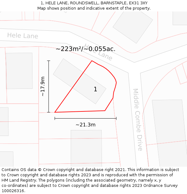 1, HELE LANE, ROUNDSWELL, BARNSTAPLE, EX31 3XY: Plot and title map