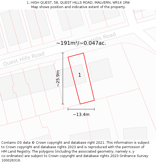 1, HIGH QUEST, 58, QUEST HILLS ROAD, MALVERN, WR14 1RW: Plot and title map