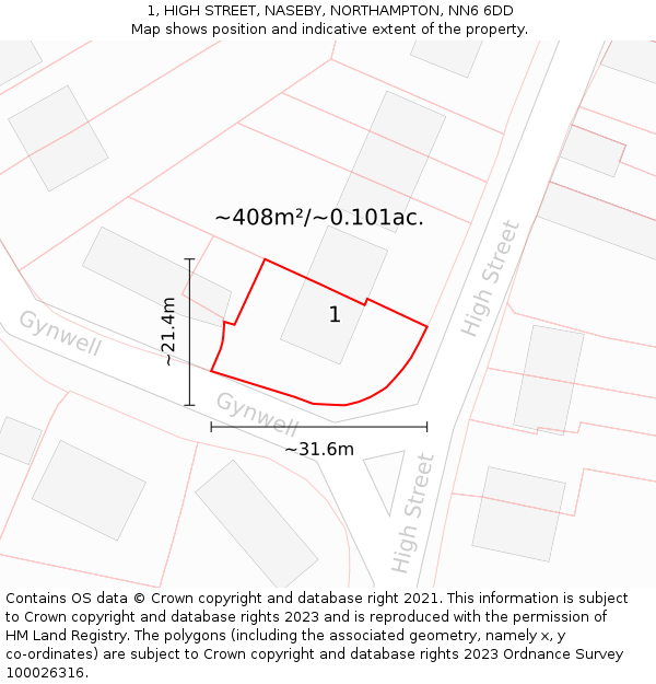 1, HIGH STREET, NASEBY, NORTHAMPTON, NN6 6DD: Plot and title map