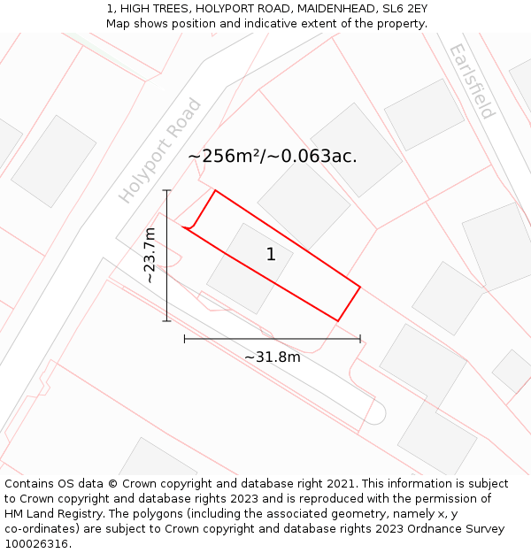 1, HIGH TREES, HOLYPORT ROAD, MAIDENHEAD, SL6 2EY: Plot and title map