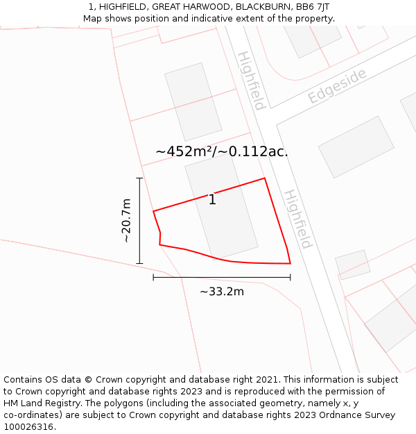 1, HIGHFIELD, GREAT HARWOOD, BLACKBURN, BB6 7JT: Plot and title map