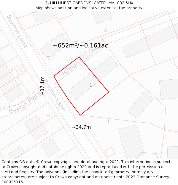 1, HILLHURST GARDENS, CATERHAM, CR3 5HX: Plot and title map