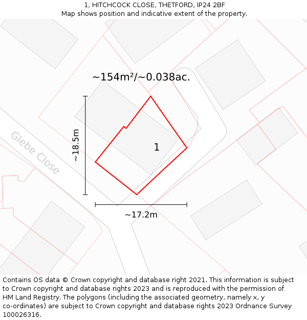 1, HITCHCOCK CLOSE, THETFORD, IP24 2BF: Plot and title map