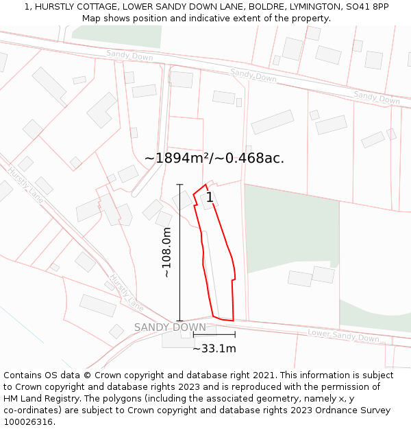 1, HURSTLY COTTAGE, LOWER SANDY DOWN LANE, BOLDRE, LYMINGTON, SO41 8PP: Plot and title map