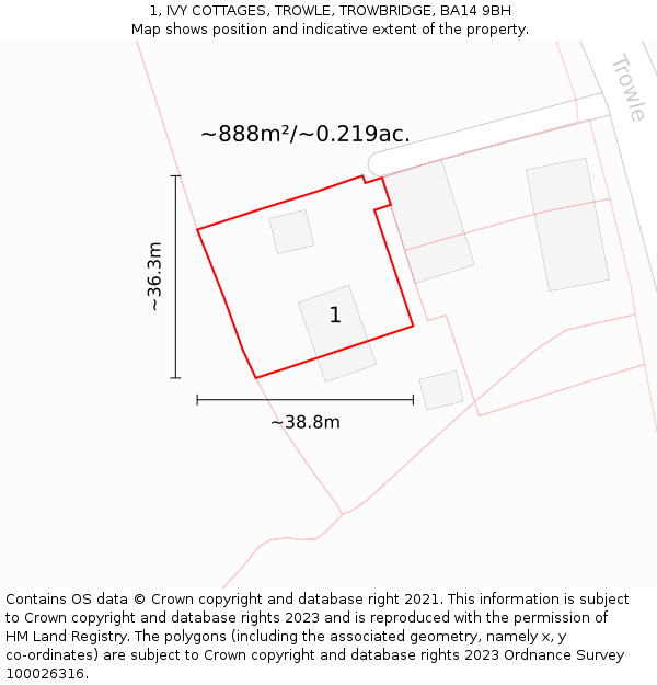 1, IVY COTTAGES, TROWLE, TROWBRIDGE, BA14 9BH: Plot and title map