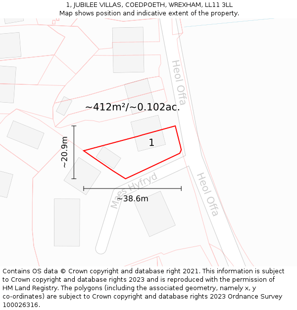 1, JUBILEE VILLAS, COEDPOETH, WREXHAM, LL11 3LL: Plot and title map