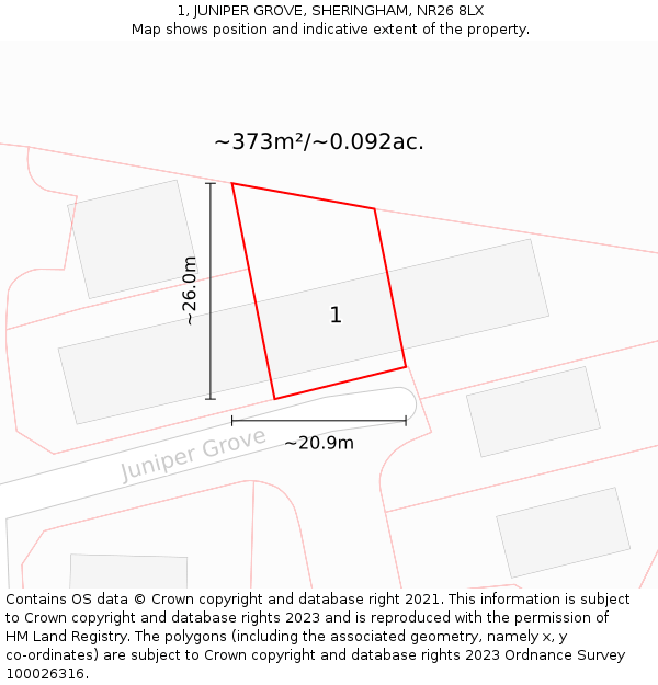 1, JUNIPER GROVE, SHERINGHAM, NR26 8LX: Plot and title map