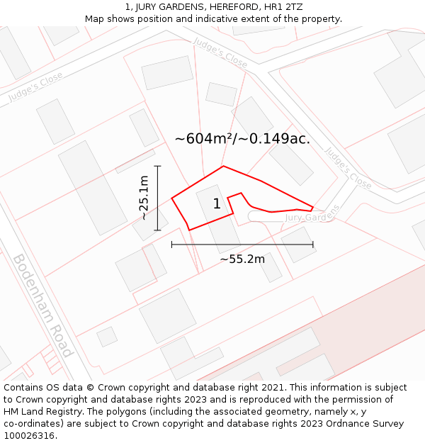 1, JURY GARDENS, HEREFORD, HR1 2TZ: Plot and title map