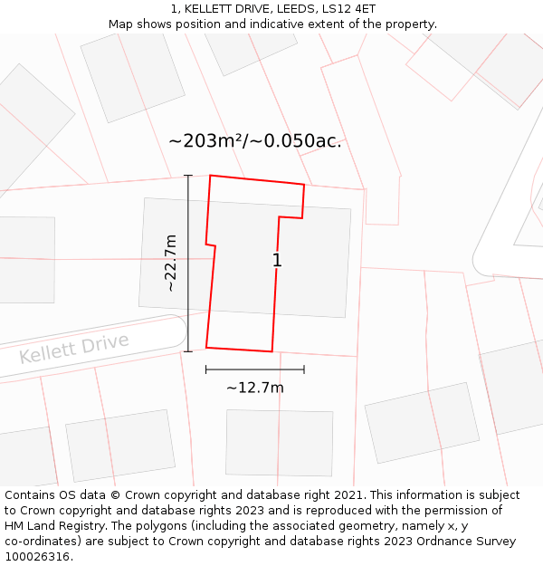 1, KELLETT DRIVE, LEEDS, LS12 4ET: Plot and title map