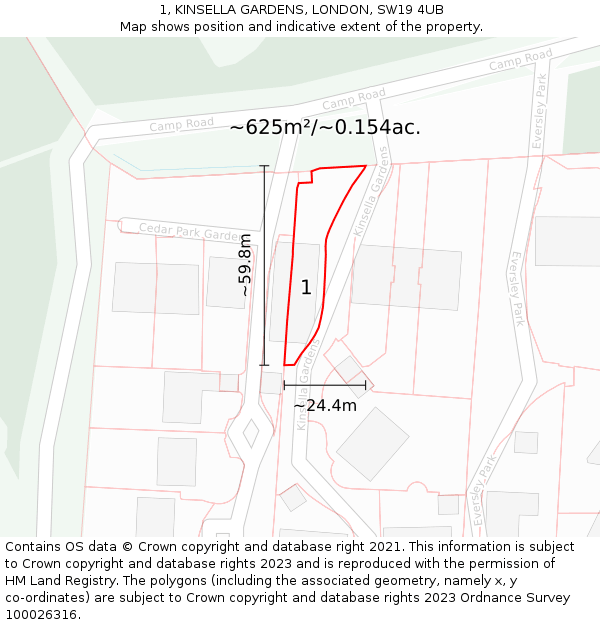 1, KINSELLA GARDENS, LONDON, SW19 4UB: Plot and title map