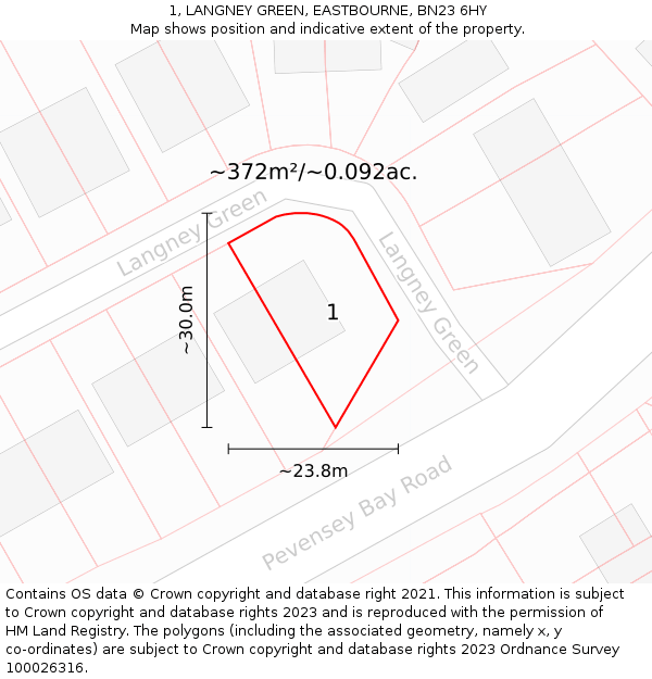 1, LANGNEY GREEN, EASTBOURNE, BN23 6HY: Plot and title map