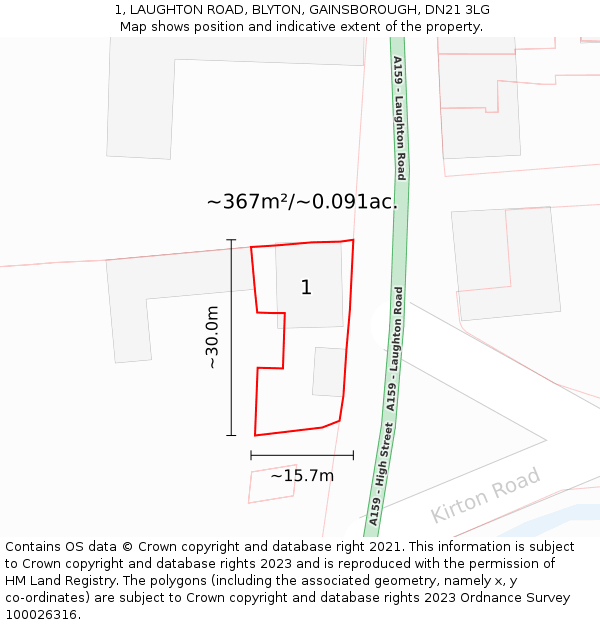 1, LAUGHTON ROAD, BLYTON, GAINSBOROUGH, DN21 3LG: Plot and title map