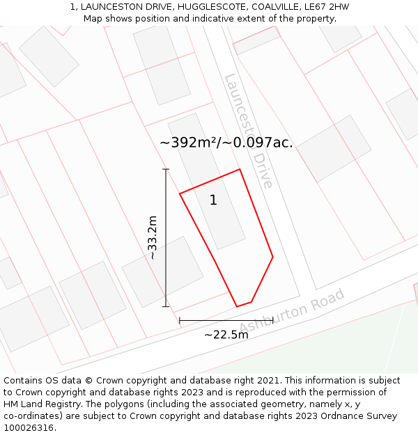 1, LAUNCESTON DRIVE, HUGGLESCOTE, COALVILLE, LE67 2HW: Plot and title map