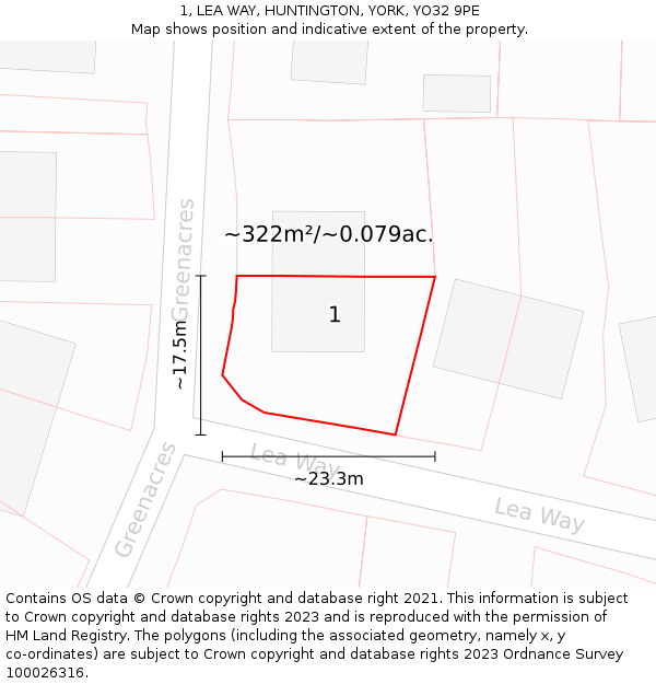 1, LEA WAY, HUNTINGTON, YORK, YO32 9PE: Plot and title map