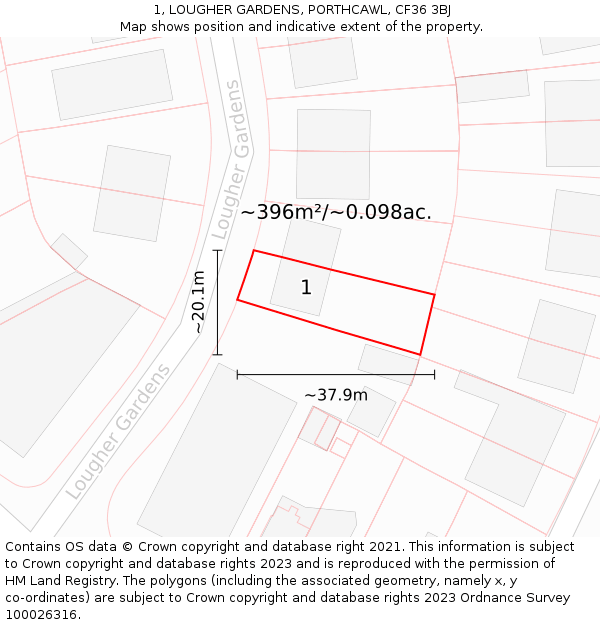 1, LOUGHER GARDENS, PORTHCAWL, CF36 3BJ: Plot and title map