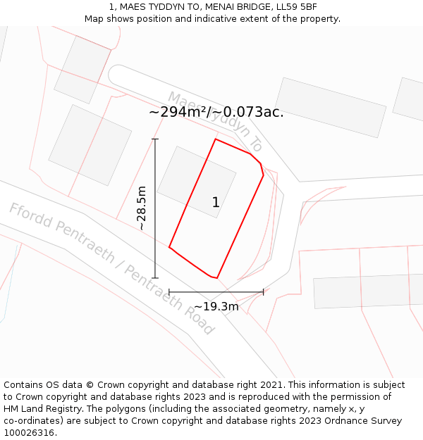 1, MAES TYDDYN TO, MENAI BRIDGE, LL59 5BF: Plot and title map