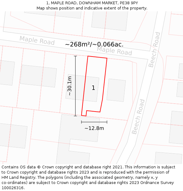 1, MAPLE ROAD, DOWNHAM MARKET, PE38 9PY: Plot and title map