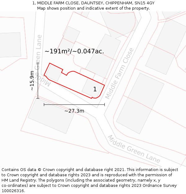 1, MIDDLE FARM CLOSE, DAUNTSEY, CHIPPENHAM, SN15 4GY: Plot and title map