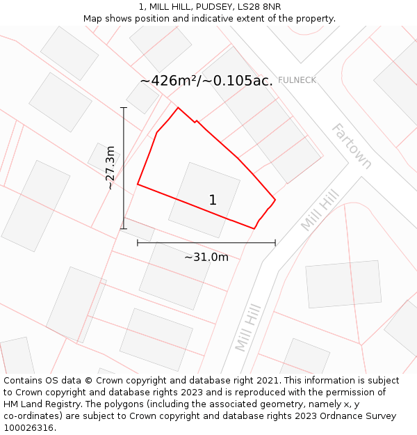 1, MILL HILL, PUDSEY, LS28 8NR: Plot and title map