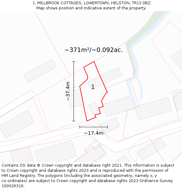 1, MILLBROOK COTTAGES, LOWERTOWN, HELSTON, TR13 0BZ: Plot and title map