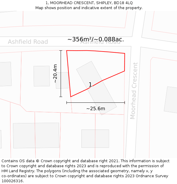 1, MOORHEAD CRESCENT, SHIPLEY, BD18 4LQ: Plot and title map