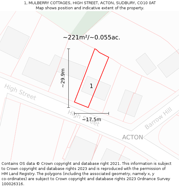 1, MULBERRY COTTAGES, HIGH STREET, ACTON, SUDBURY, CO10 0AT: Plot and title map