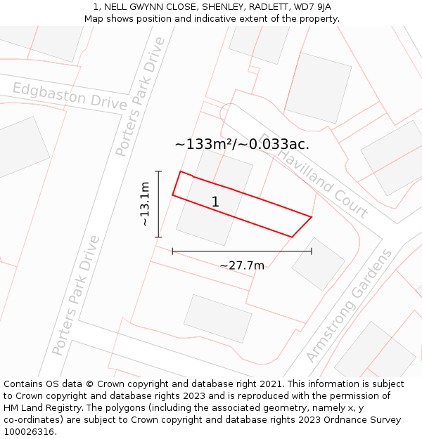 1, NELL GWYNN CLOSE, SHENLEY, RADLETT, WD7 9JA: Plot and title map