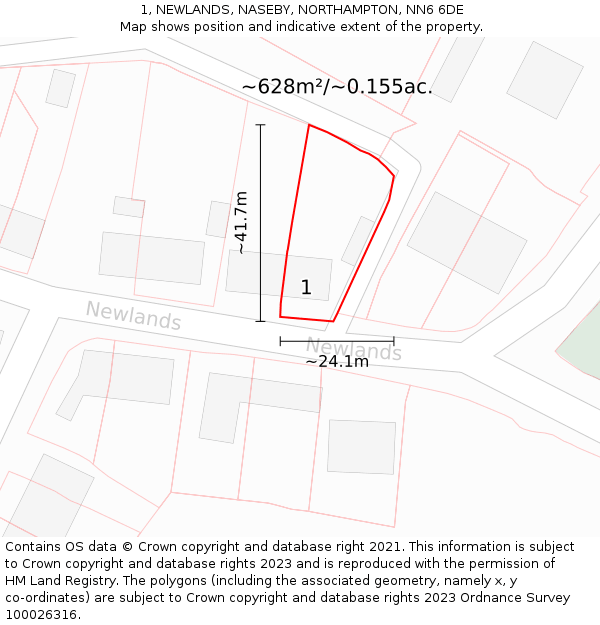 1, NEWLANDS, NASEBY, NORTHAMPTON, NN6 6DE: Plot and title map