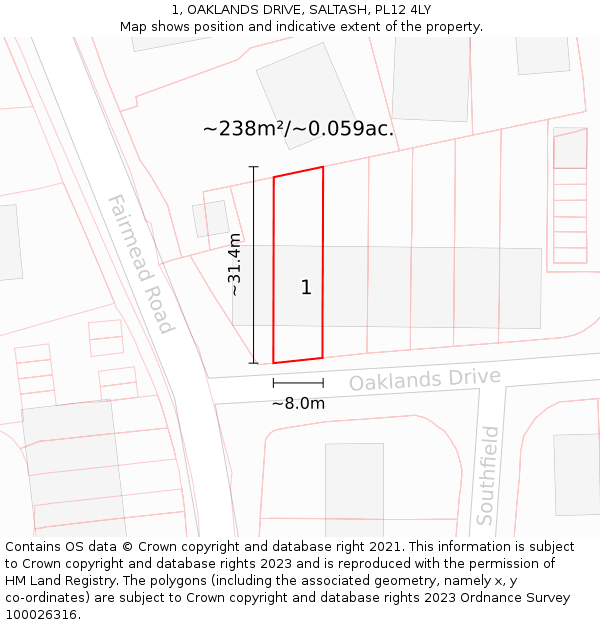 1, OAKLANDS DRIVE, SALTASH, PL12 4LY: Plot and title map