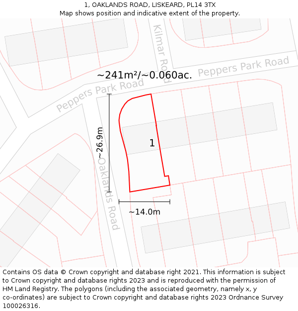 1, OAKLANDS ROAD, LISKEARD, PL14 3TX: Plot and title map