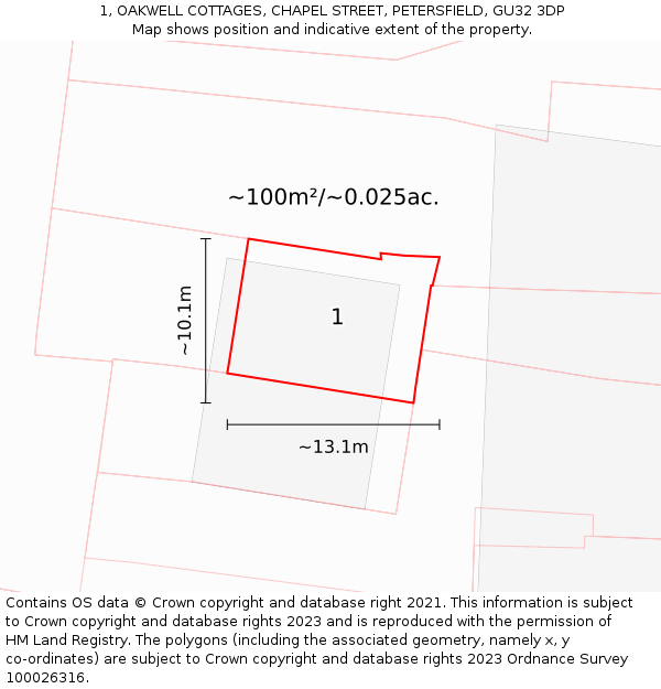 1, OAKWELL COTTAGES, CHAPEL STREET, PETERSFIELD, GU32 3DP: Plot and title map