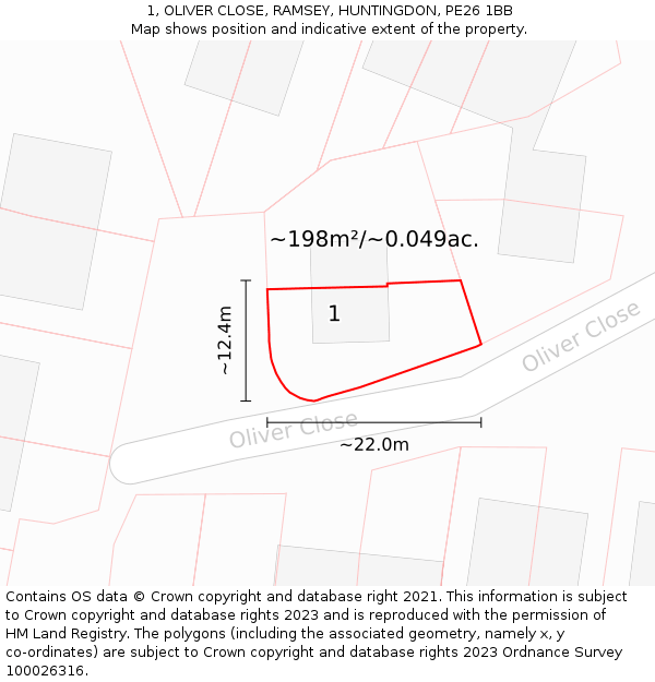 1, OLIVER CLOSE, RAMSEY, HUNTINGDON, PE26 1BB: Plot and title map