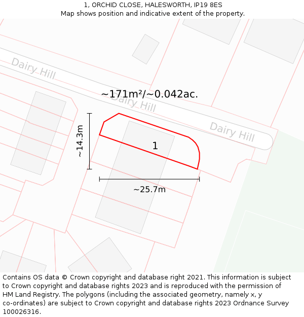 1, ORCHID CLOSE, HALESWORTH, IP19 8ES: Plot and title map