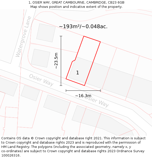 1, OSIER WAY, GREAT CAMBOURNE, CAMBRIDGE, CB23 6GB: Plot and title map