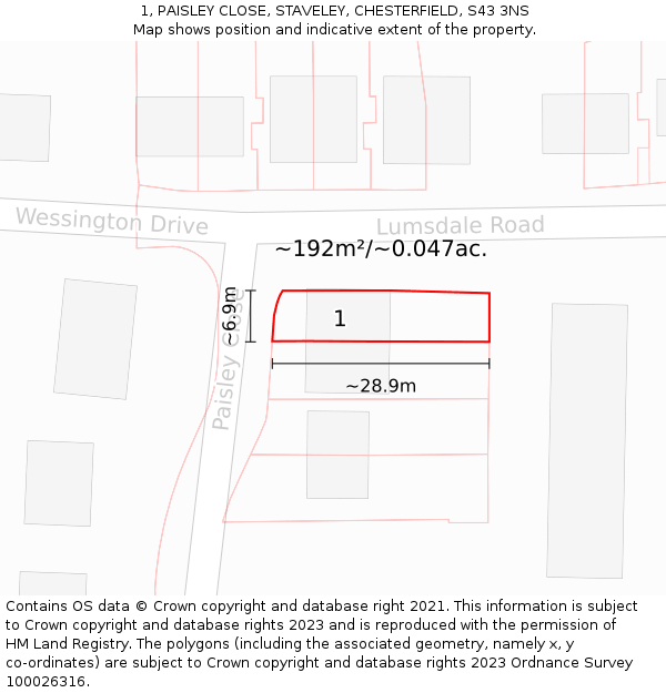 1, PAISLEY CLOSE, STAVELEY, CHESTERFIELD, S43 3NS: Plot and title map