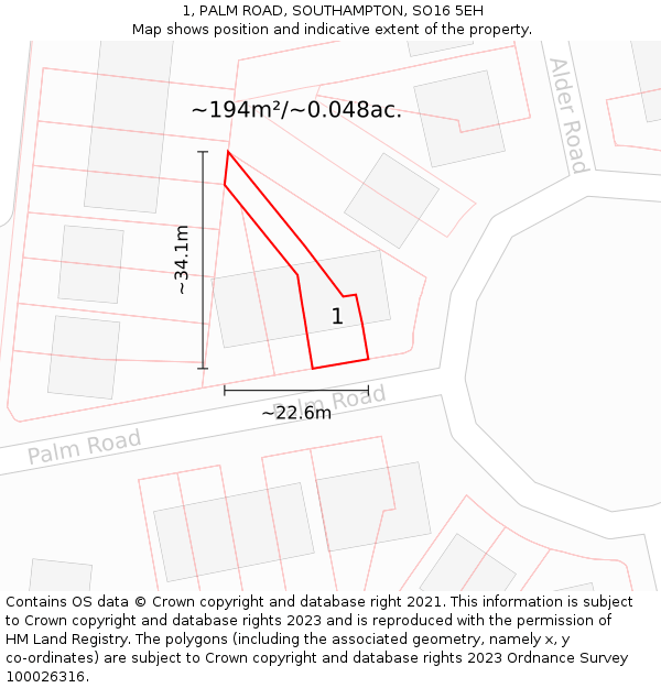 1, PALM ROAD, SOUTHAMPTON, SO16 5EH: Plot and title map