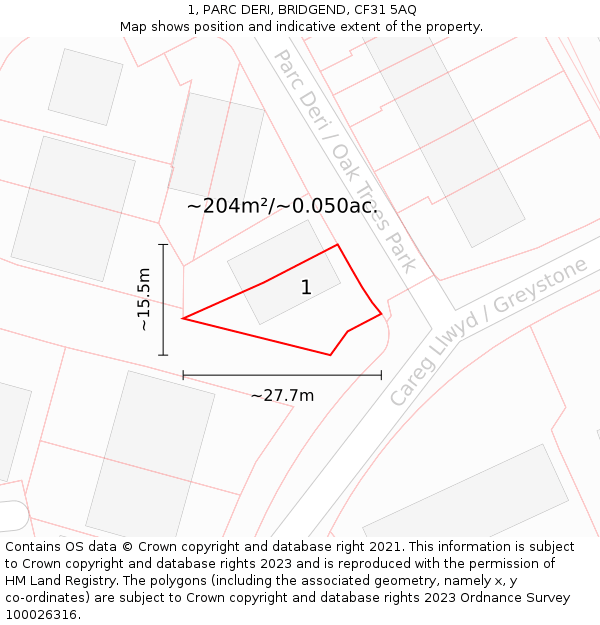 1, PARC DERI, BRIDGEND, CF31 5AQ: Plot and title map