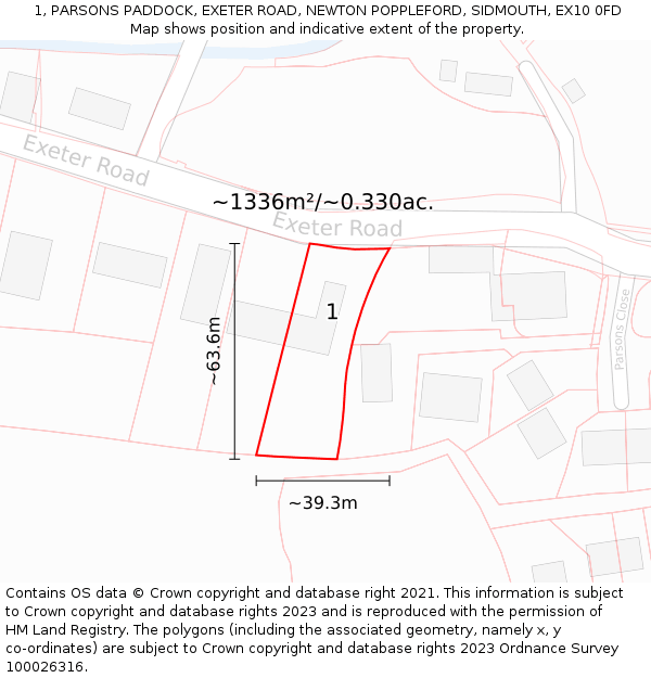 1, PARSONS PADDOCK, EXETER ROAD, NEWTON POPPLEFORD, SIDMOUTH, EX10 0FD: Plot and title map