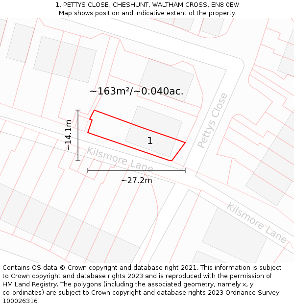 1, PETTYS CLOSE, CHESHUNT, WALTHAM CROSS, EN8 0EW: Plot and title map