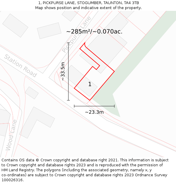 1, PICKPURSE LANE, STOGUMBER, TAUNTON, TA4 3TB: Plot and title map