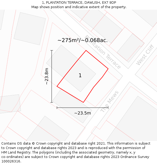 1, PLANTATION TERRACE, DAWLISH, EX7 9DP: Plot and title map