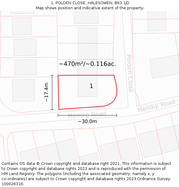 1, POLDEN CLOSE, HALESOWEN, B63 1JD: Plot and title map