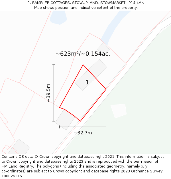 1, RAMBLER COTTAGES, STOWUPLAND, STOWMARKET, IP14 4AN: Plot and title map