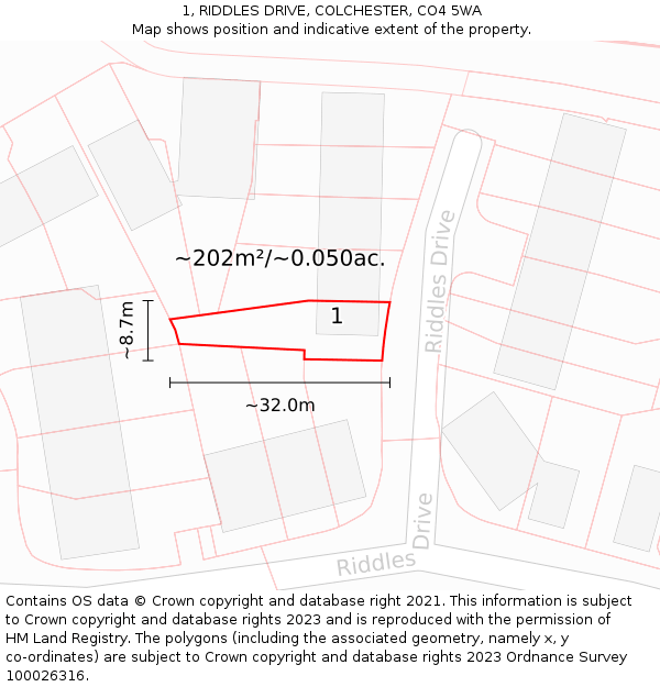 1, RIDDLES DRIVE, COLCHESTER, CO4 5WA: Plot and title map