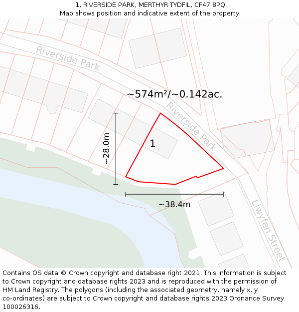 1, RIVERSIDE PARK, MERTHYR TYDFIL, CF47 8PQ: Plot and title map