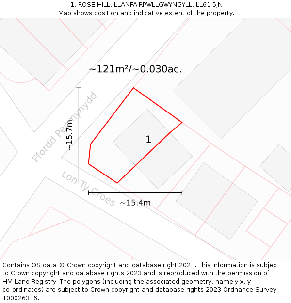 1, ROSE HILL, LLANFAIRPWLLGWYNGYLL, LL61 5JN: Plot and title map