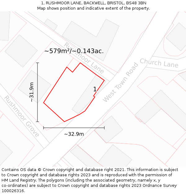 1, RUSHMOOR LANE, BACKWELL, BRISTOL, BS48 3BN: Plot and title map