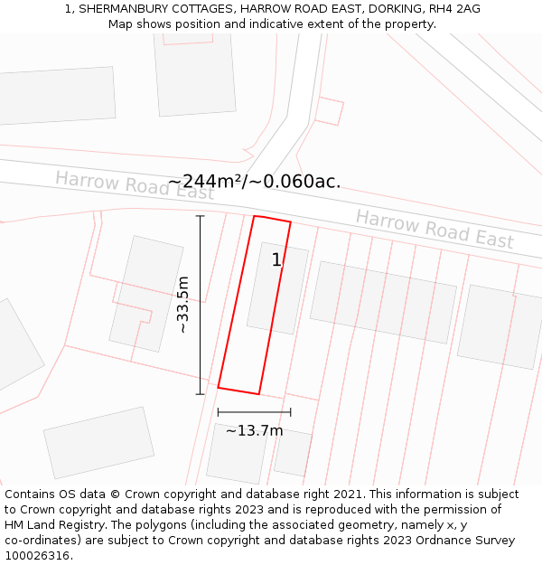 1, SHERMANBURY COTTAGES, HARROW ROAD EAST, DORKING, RH4 2AG: Plot and title map