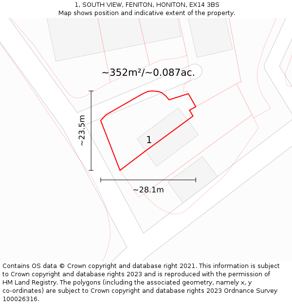 1, SOUTH VIEW, FENITON, HONITON, EX14 3BS: Plot and title map