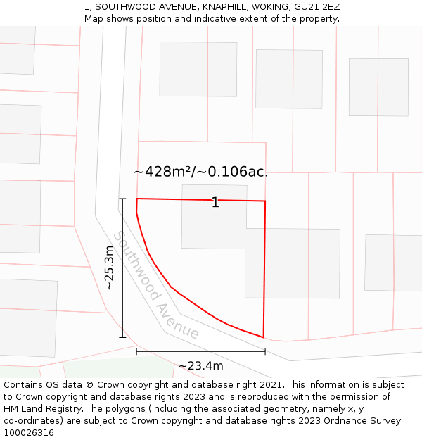 1, SOUTHWOOD AVENUE, KNAPHILL, WOKING, GU21 2EZ: Plot and title map